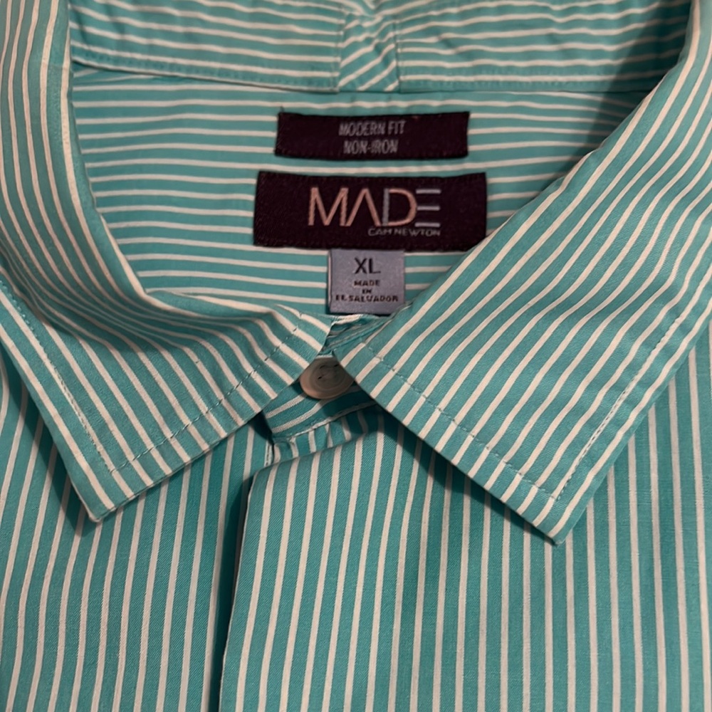 100% COTTON TEAL & WHITE STRIPES MADE SHIRT SIZE XL LONG SLEEVES NON IRON MODERN